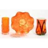 A WHITEFRIARS TANGERINE GLASS CYLINDRICAL VASE FROM THE TEXTURED RANGE DESIGNED BY GEOFFREY BAXTER