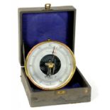 A PHILIP HARRIS LTD LACQUERED BRASS ANEROID BAROMETER, 13CM DIAM, BOXED