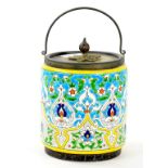 AN EPNS MOUNTED VEILLARD, BORDEAUX FAIENCE BISCUIT BARREL, 15CM H EXCLUDING SWING HANDLE,