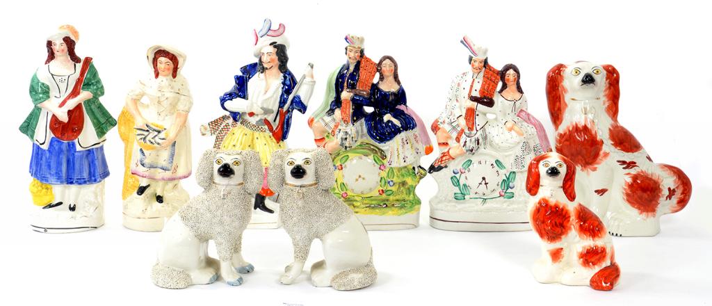 FIVE STAFFORDSHIRE FLATBACK FIGURES AND FOUR STAFFORDSHIRE DOGS, 19TH CENTURY