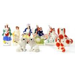 FIVE STAFFORDSHIRE FLATBACK FIGURES AND FOUR STAFFORDSHIRE DOGS, 19TH CENTURY