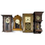 THREE VARIOUS WALL CLOCKS ONE WITH GRIDIRON PENDULUM AND AN ANSONIA STAINED WOOD MANTLE CLOCK,