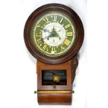 AN AMERICAN ROSEWOOD DROP CASED WALL CLOCK WITH WHITE GREEN AND GILT DIAL, 70CM H, LATE 19TH