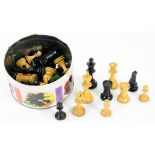 A TURNED BOXWOOD AND EBONISED CHESS SET OF STAUNTON PATTERN, THE KNIGHTS WITH GLASS EYES, KINGS