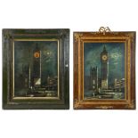 TWO SIMILAR LATE 19TH CENTURY PAINTED PAPIER MACHE PICTURE TIMEPIECES OF 'BIG BEN', DECORATED WITH