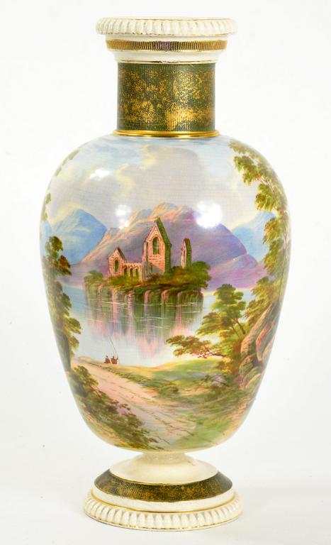 A VICTORIAN EARTHENWARE OVIFORM VASE PAINTED WITH A CONTINUOUS LANDSCAPE 31CM H, CIRCA 1880