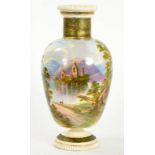 A VICTORIAN EARTHENWARE OVIFORM VASE PAINTED WITH A CONTINUOUS LANDSCAPE 31CM H, CIRCA 1880