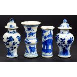 TWO AND A PAIR OF MINIATURE CHINESE EXPORT PORCELAIN BLUE AND WHITE VASES, THE PAIR WITH COVER