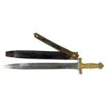 A FRENCH FOOT ARTILLERY SWORD MI1831, CROSSGUARD STAMPED 597, WITH BRASS MOUNTED LEATHER SCABBARD,