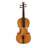 A VIOLIN, LATE 19TH C the two piece back of medium curl, light golden varnish the interior with