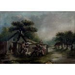 FOLLOWER OF JULIUS CAESER IBBETSON - CHILDREN PLAYING BY A COTTAGE, OIL ON CANVAS, 24.5CM X 34.5CM