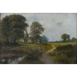 VICTORIAN SCHOOL - A COUNTRY CHURCH, INDISTINCTLY SIGNED, OIL ON CANVAS, 29CM X 44CM