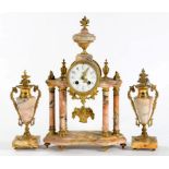 A FRENCH BRASS MOUNTED MARBLE COLONNADE GARNITURE DE CHIMINEE, CLOCK, 42CM H, 20TH CENTURY