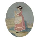 A 19TH CENTURY OVAL EMBROIDERED PICTURE OF A GLEANER 21CM X 17CM