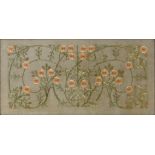 AN ARTS AND CRAFTS SILK EMBROIDERED LINEN PANEL OF BRIAR ROSES, 46CM X 94CM, FRAMED