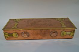A brass and copper box, with Arts and Crafts style decoration, the interior with felt lining,