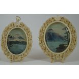 Two late 19th century Chinese ivory carved frames, each of oval form with easel stand on two feet,