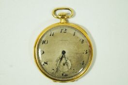Longines, an open faced pocket watch, the case stamped '18k', with metal cuvette,