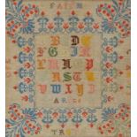 An early 20th century sampler, with central alphabet by A Rose,