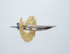 A 1960s sapphire and cultured pearl abstract two colour brooch, stamped '18ct' and 'FJ',