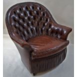 A leather button back tub chair, with one loose cushion on casters, 81.