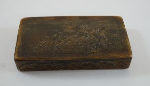 A late 18th century French pressed horn snuff box, the top impressed with the death of Socrates,