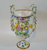 A 19th century Spode two handled vase encrusted with flowers and two birds,