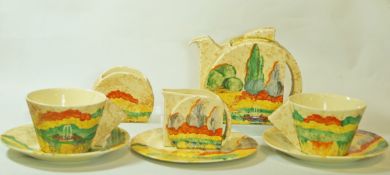 A rare Clarice Cliff tete a tete service, in the "Stanford" pattern form,