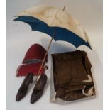 An Edwardian ladies jacket and matching shirt, together with a parasol, a pair of leather shoes,