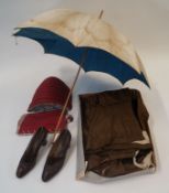 An Edwardian ladies jacket and matching shirt, together with a parasol, a pair of leather shoes,