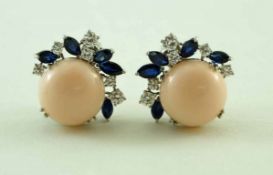A pair of pale coral, sapphire and diamond stud earrings, the coral of approximately 14.