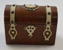 A Victorian walnut and ivory domed stationary box set with brass studs, 16.8cm high, 23cm wide, 11.