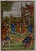 A tiled wall plaque painted in enamels with a Maypole scene, within pine frame,
