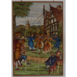 A tiled wall plaque painted in enamels with a Maypole scene, within pine frame,