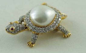 An articulated pearl and diamond brooch in the form of a turtle,