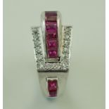 An Odeonesque ruby and diamond ring, the white mount unmarked,