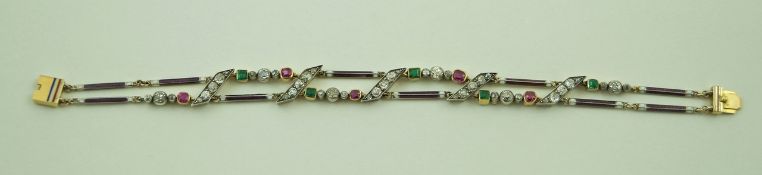 A diamond, emerald and pink stone two row bracelet with enamel batons,