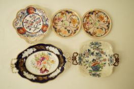A Spode Imperial pattern shell shaped dish, printed marks in blue, 22cm, a pair of imari plates,