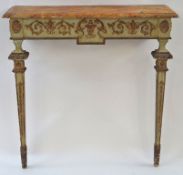 An early 20th century carved wood console table, with simulated marble top and square tapering legs,