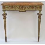 An early 20th century carved wood console table, with simulated marble top and square tapering legs,