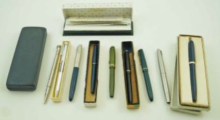 A small collection of pens including Parker Slimfold, Conway and various others,