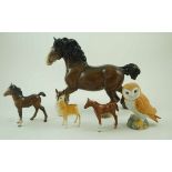 A collection of five Beswick figures, of a fawn, 9.75cm high, a shire horse, 21.