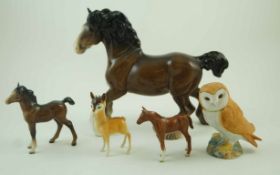 A collection of five Beswick figures, of a fawn, 9.75cm high, a shire horse, 21.