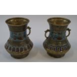 A pair of Japanese polished bronze and champleve two handled vases,