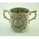 A 19th century pottery two handled mug, transfer printed in black with the Farmers Arms,