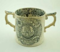 A 19th century pottery two handled mug, transfer printed in black with the Farmers Arms,