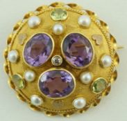 An amethyst, peridot diamond and split cultured pearl brooch, of circular outline, 3.
