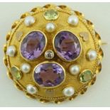 An amethyst, peridot diamond and split cultured pearl brooch, of circular outline, 3.