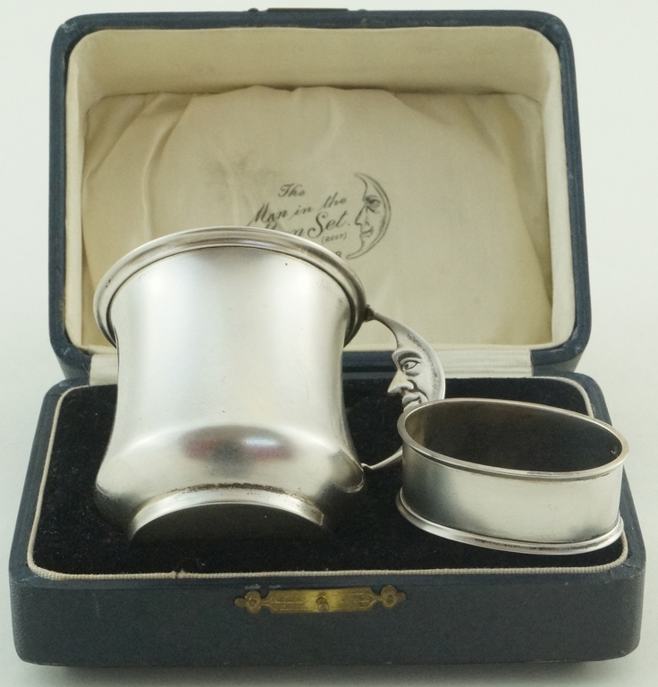 A man in the moon silver christening set, by Horton & Allday, Birmingham 1928,