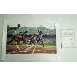 A 1992 Barcelona Olympic Games print of the 100 meters, signed by Linford Christie,